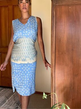 Blue Printed Sleeveless Dress with Cream Waist Panel
